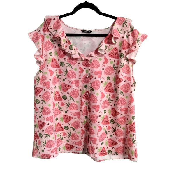 Shein Curve Pink Strawberry Print Ruffled Blouse Snap Buttons Top Plus Size 4XL - Picture 2 of 7